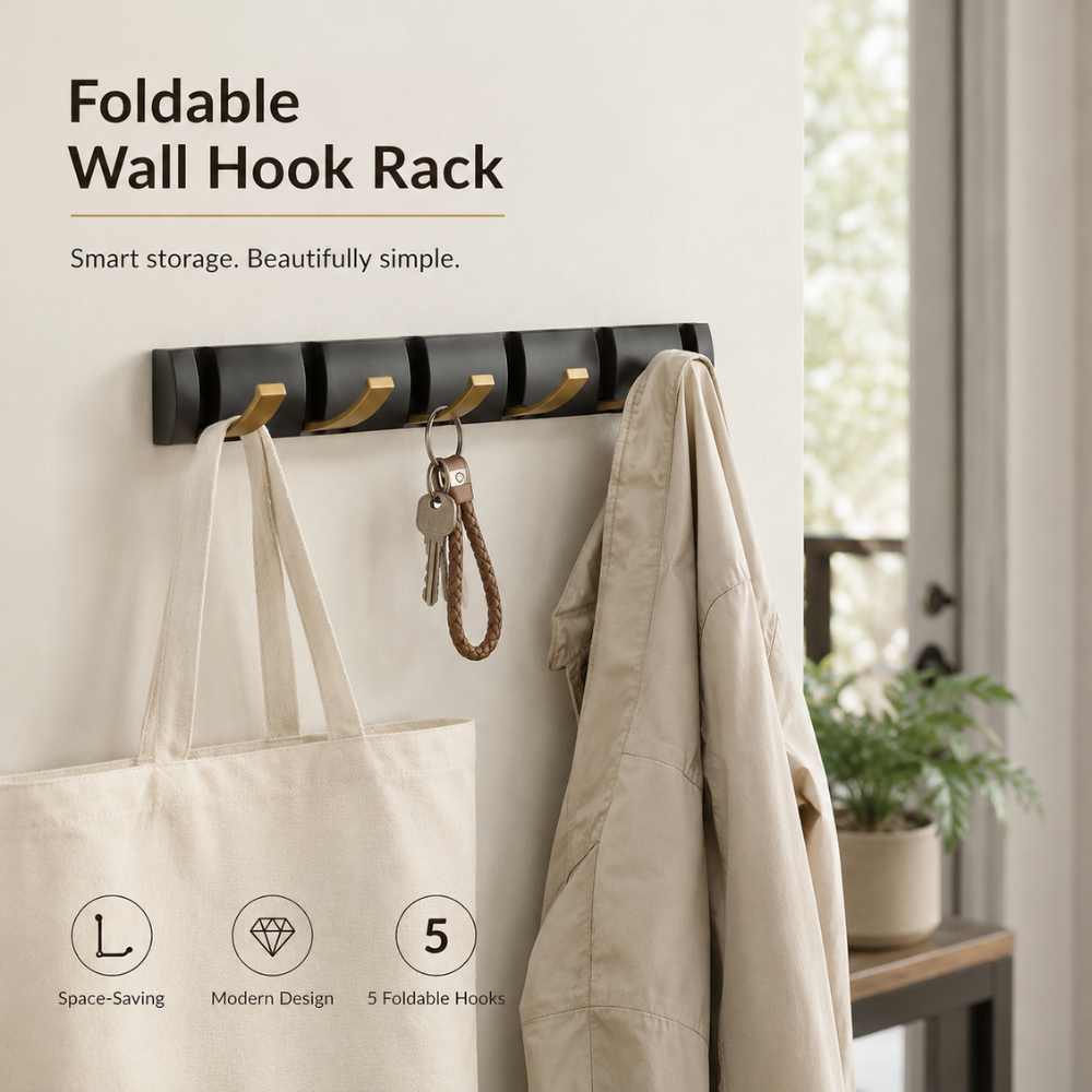 Klappbare Wandgarderobe aus Edelstahl 5 Haken Schwarz Gold für Flur Bad Küche und Eingang