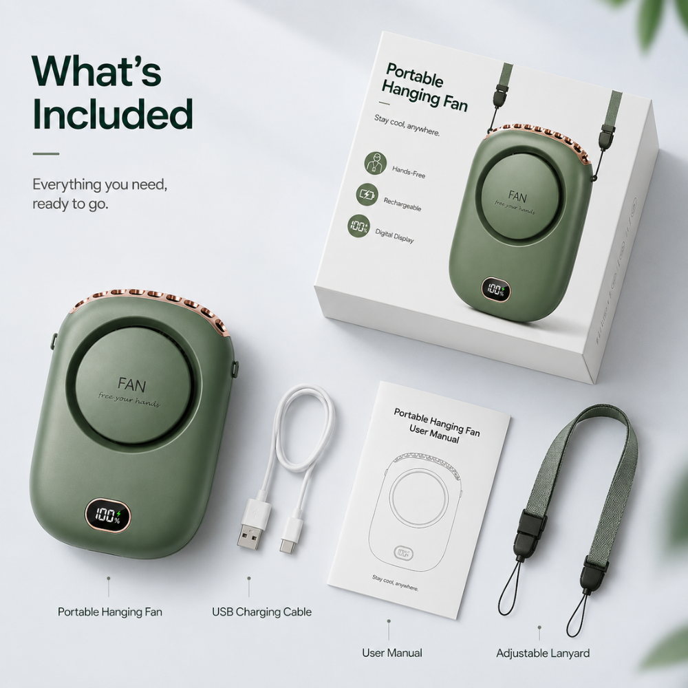 Tragbarer Halsventilator mit Display – USB-aufladbarer Mini-Ventilator mit 3 Geschwindigkeitsstufen und Trageband für Reisen & Outdoor