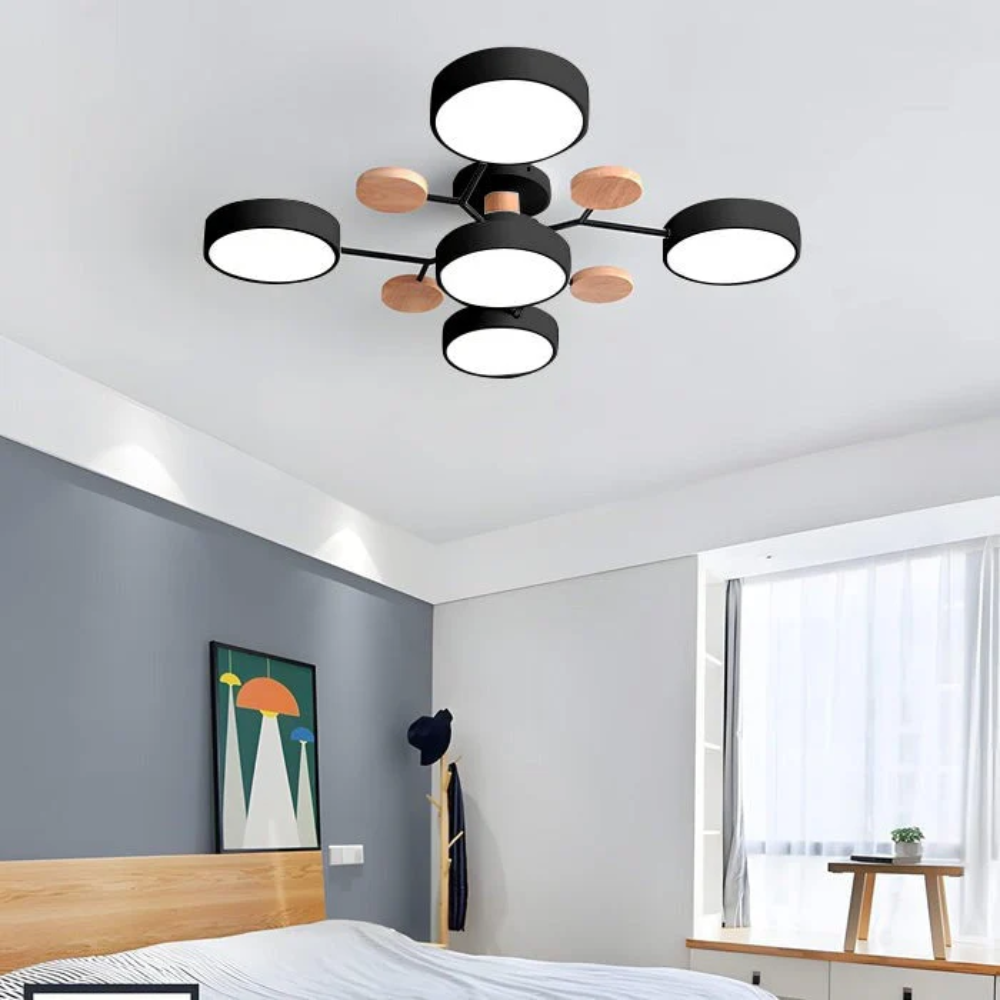 Moderne Mehrpunkt LED Deckenleuchte - Große Holz & Metall Leuchte für Esszimmer