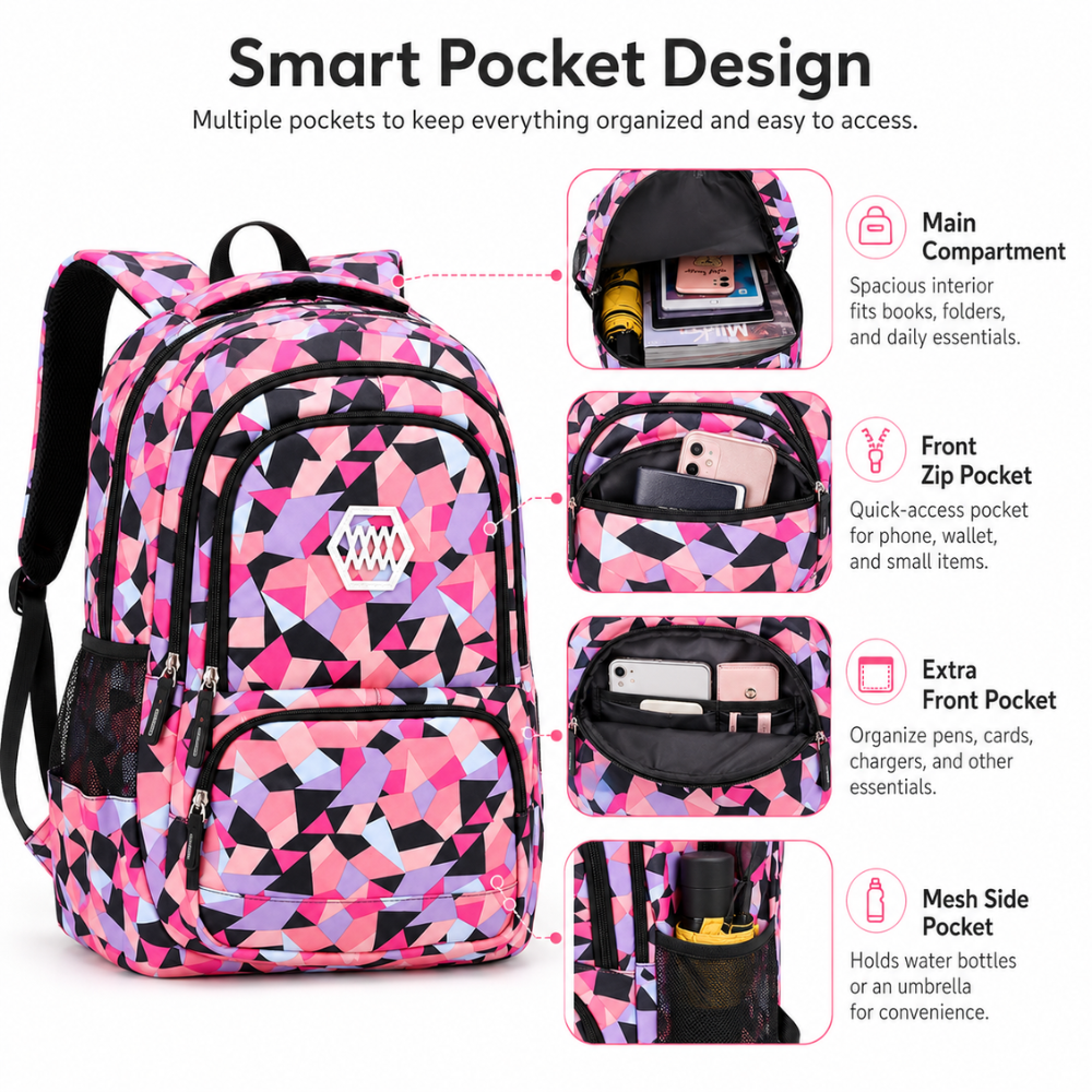 3-teiliges Schulrucksack-Set mit geometrischem Muster – Wasserabweisender Rucksack mit Laptopfach, Lunch-Tasche & Etui