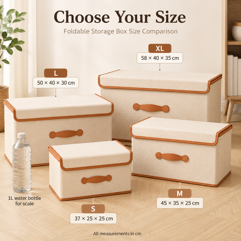 Faltbare Aufbewahrungsbox mit Deckel & Ledergriffen – Stoffbox aus Oxford, Stapelbar