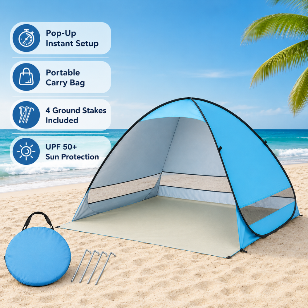 Pop Up Strandmuschel Blau 200 x 165 x 130 cm UPF50+ Strandzelt aus Polyester für Strand Camping