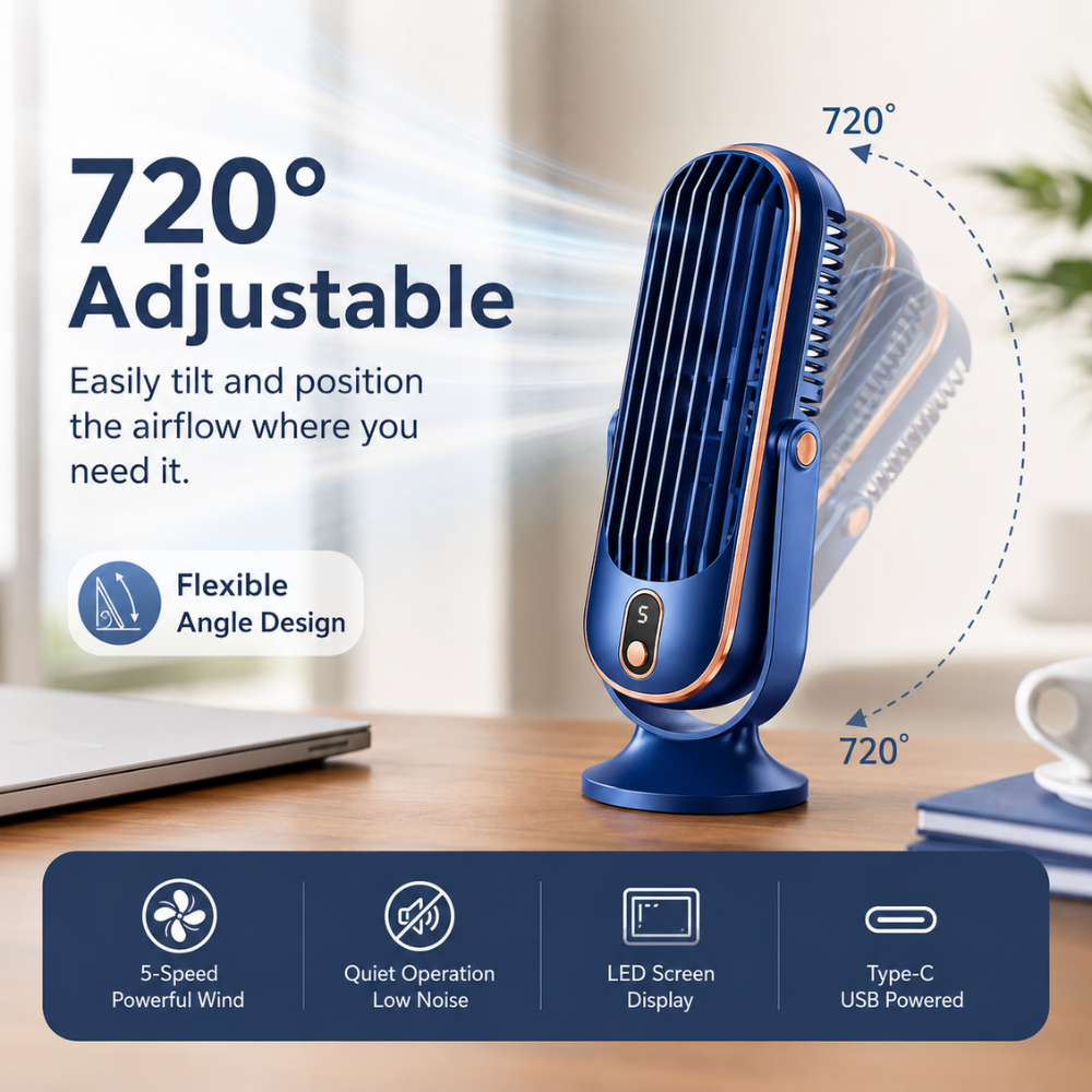 Leiser USB Tischventilator mit Akku 5 Geschwindigkeiten LED Anzeige 720 Grad Verstellbar
