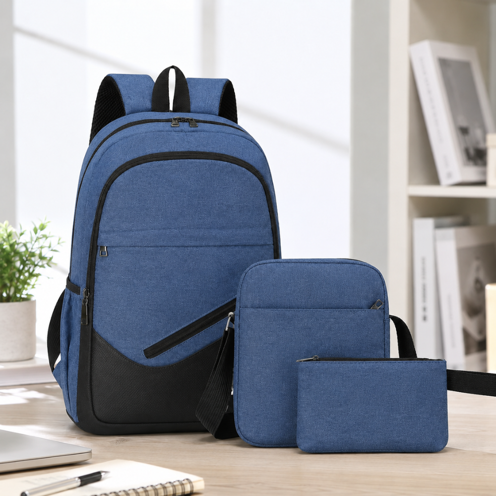3-teiliges Schulrucksack-Set mit USB-Anschluss – Wasserabweisender Rucksack mit Umhängetasche & Etui für Schule, Uni & Reisen