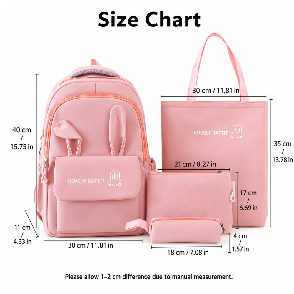Schulrucksack-Set 4-teilig mit Hasenohren – Großer Nylon-Rucksack mit Tragetasche, Beutel & Mäppchen für Schule & Freizeit