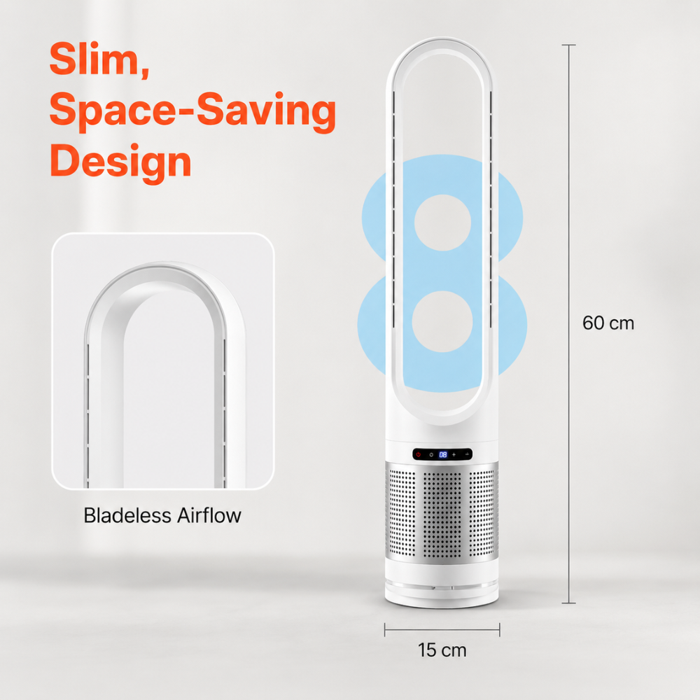 Leiser Turmventilator mit Fernbedienung & Timer – Flügelloser Standventilator mit WLAN-App und 8 Geschwindigkeiten