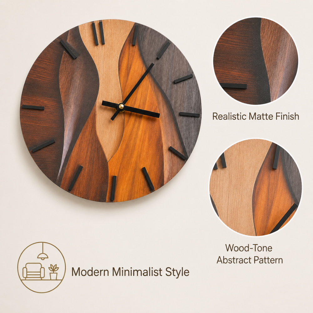 Moderne Wanduhr 30 cm in Holzoptik | Runde Designer-Uhr mit Wellenmuster und leisem Uhrwerk