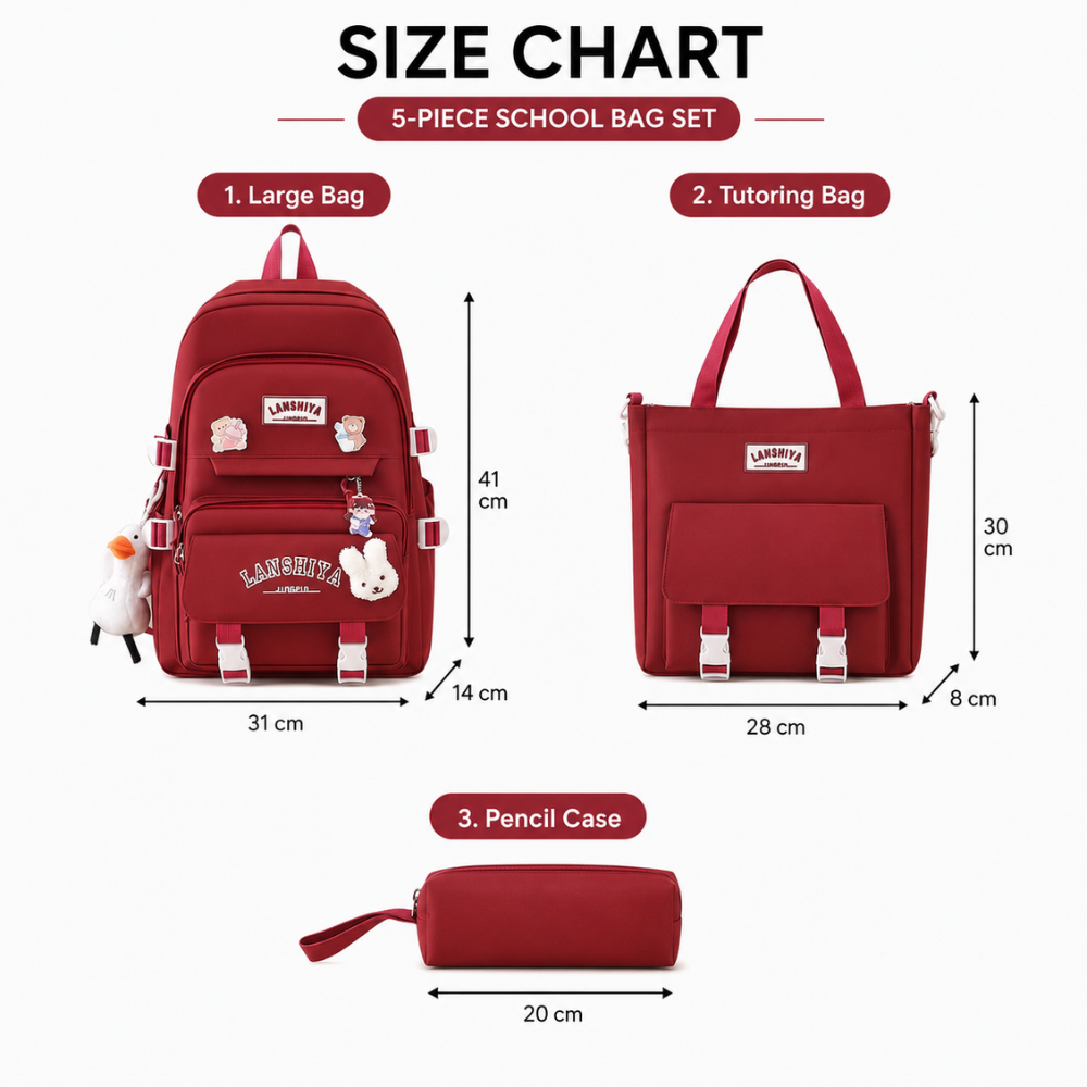 Teenager-Schulrucksack-Set 5-teilig 40 × 30 × 13 cm – Großer Studentenrucksack mit Tragetasche, Mäppchen & Beuteln für Schule, Freizeit & Alltag