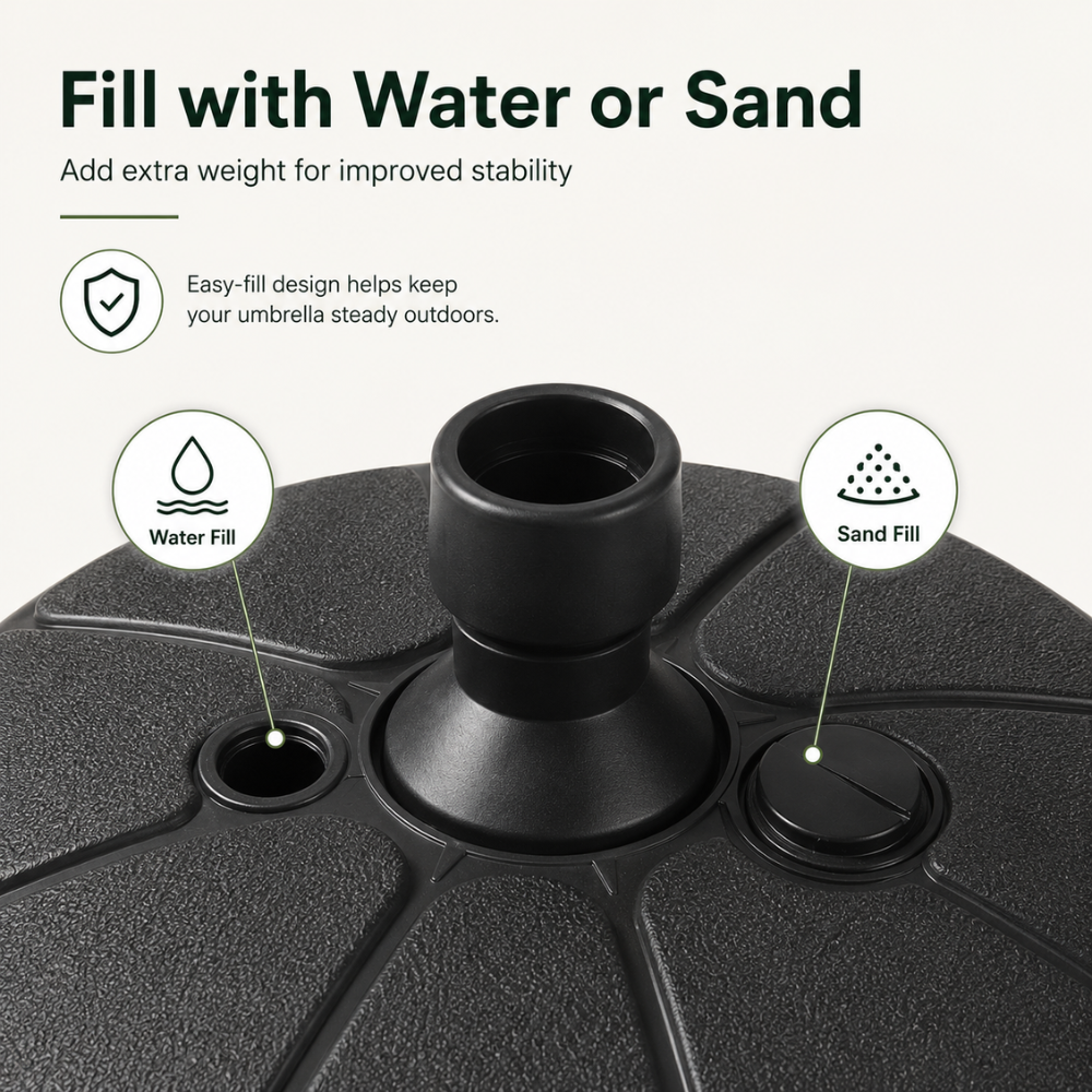 Befüllbarer Sonnenschirmständer | Runder Kunststoff-Schirmfuß für Wasser oder Sand, Schwarz
