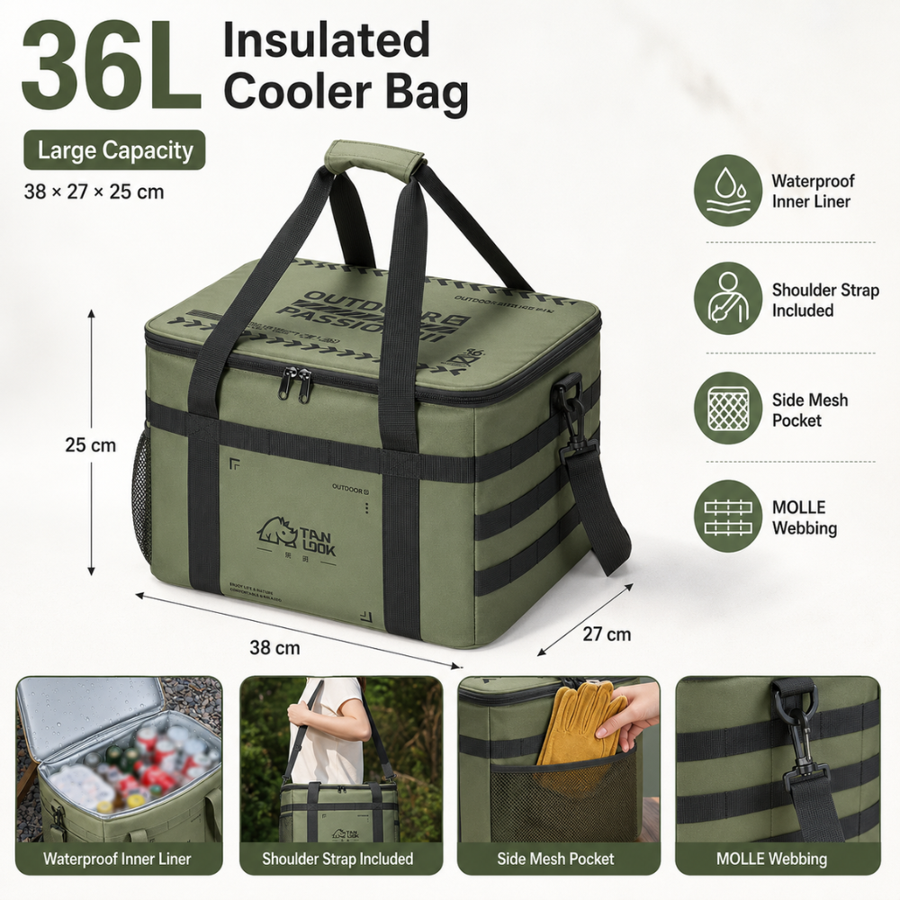 Camping Isoliertasche 36L aus Oxford-Stoff mit PVC-Beschichtung | Große Kühltasche mit Schultergurt, Seitenfach und MOLLE-Schlaufen