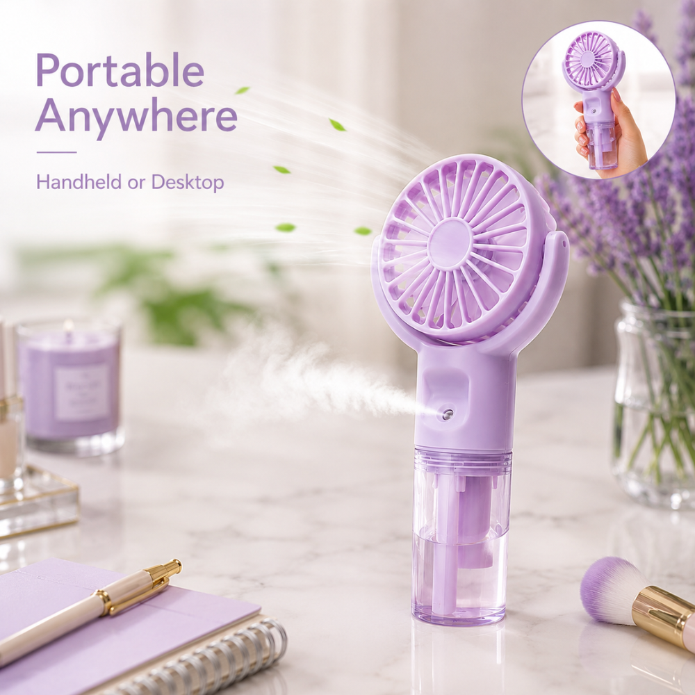 Tragbarer Handventilator mit Wasserspray und drehbarem Kopf – USB-aufladbarer Mini-Nebelventilator mit 4 Geschwindigkeitsstufen für Sommer, Reisen & Outdoor