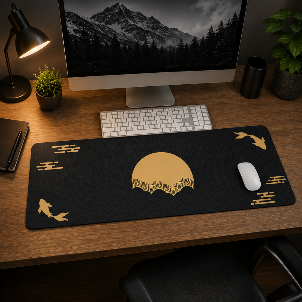 XXL Gaming-Mauspad mit japanischem Koi-Design Schwarz-Gold – Rutschfeste Schreibtischunterlage für Büro, Homeoffice & Gaming