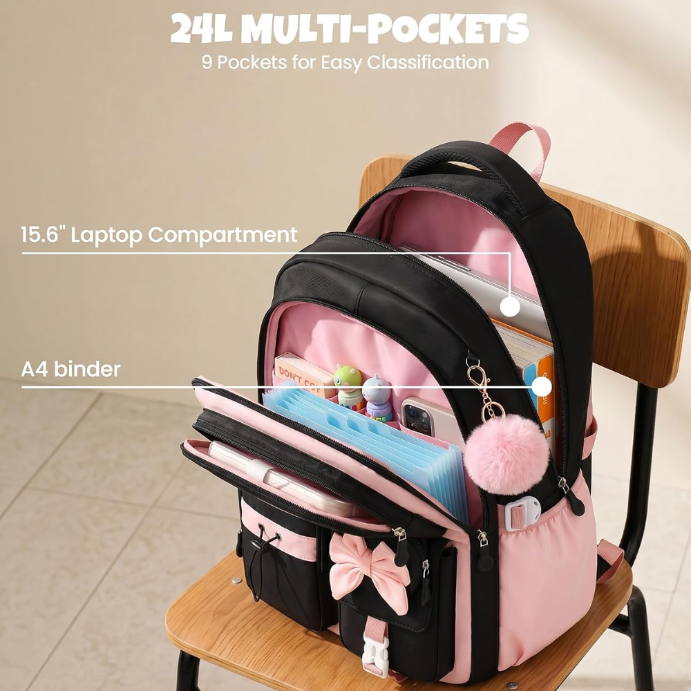 Kinder-Schulrucksack-Set mit Schleifen-Design – 3-teiliges wasserabweisendes Rucksack-Set mit Lunchbag & Federmäppchen