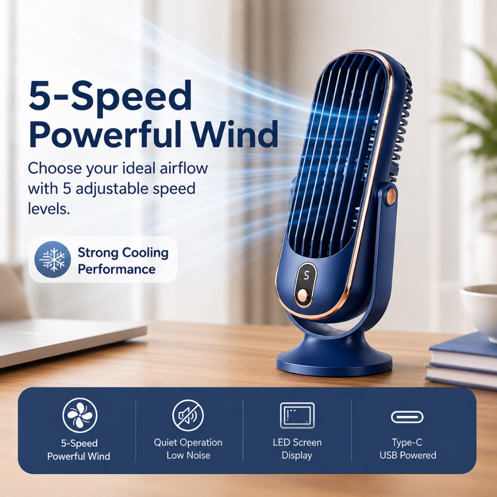 Leiser USB Tischventilator mit Akku 5 Geschwindigkeiten LED Anzeige 720 Grad Verstellbar