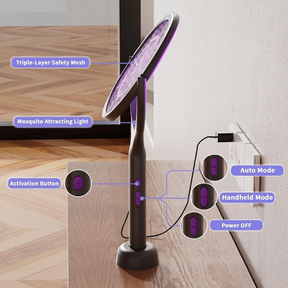 Elektrische Mückenklatsche 2-in-1 – Wiederaufladbarer Insektenvernichter mit UV-Licht, Teleskopstange & USB-Ladung