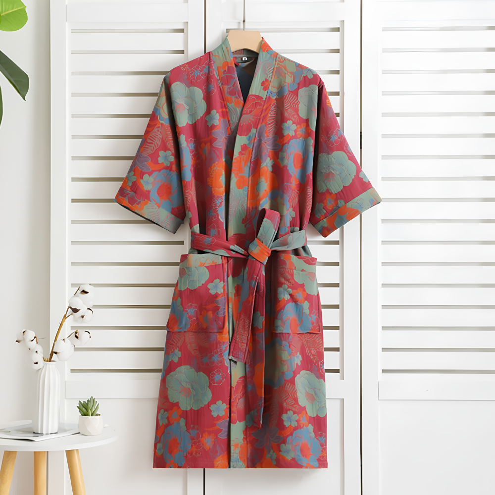 Riona Kimono Morgenmantel Damen - Leichter Baumwoll Bademantel Bedruckt mit Blumenmuster