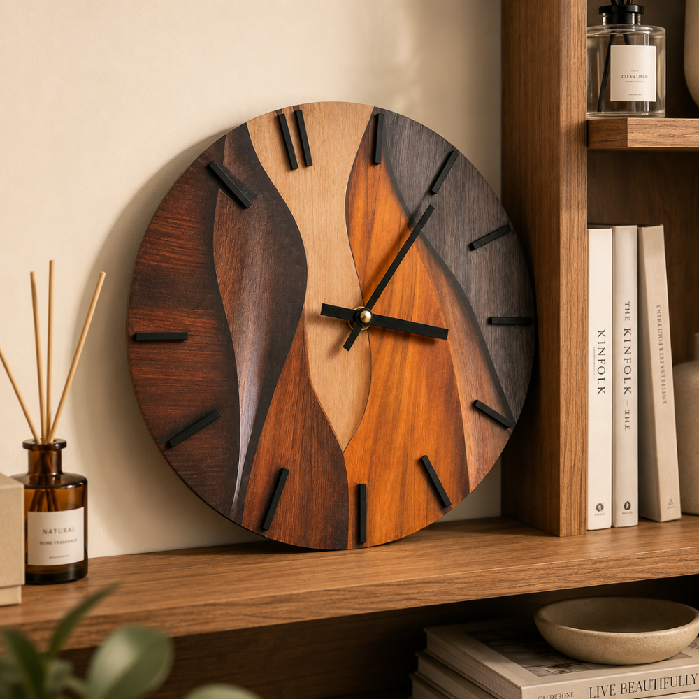 Moderne Wanduhr 30 cm in Holzoptik | Runde Designer-Uhr mit Wellenmuster und leisem Uhrwerk