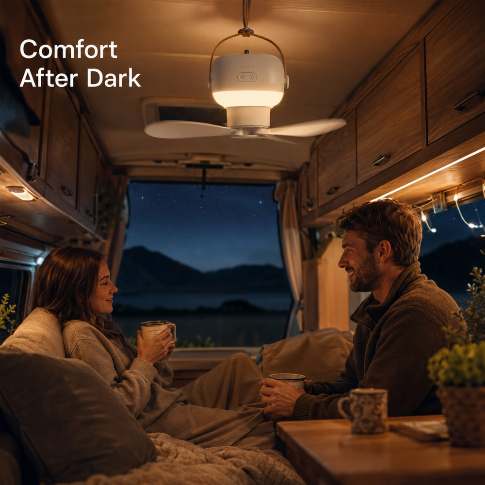 Tragbarer Camping Ventilator mit LED Licht Fernbedienung USB Akku Zelt Deckenventilator Weiß