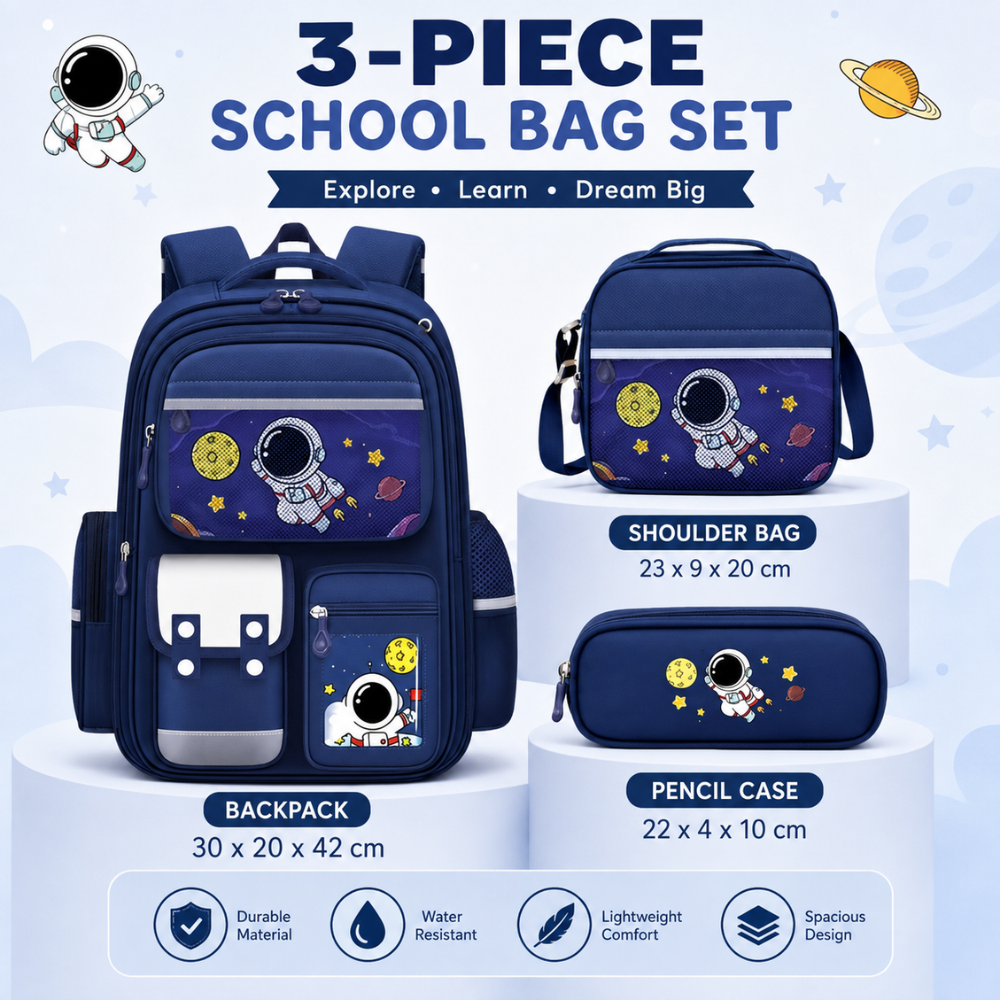 Schulrucksack 3-teilig mit Astronauten-Motiv – Großer Rucksack mit Lunchbag & Federmäppchen für Schule, Reisen & Alltag