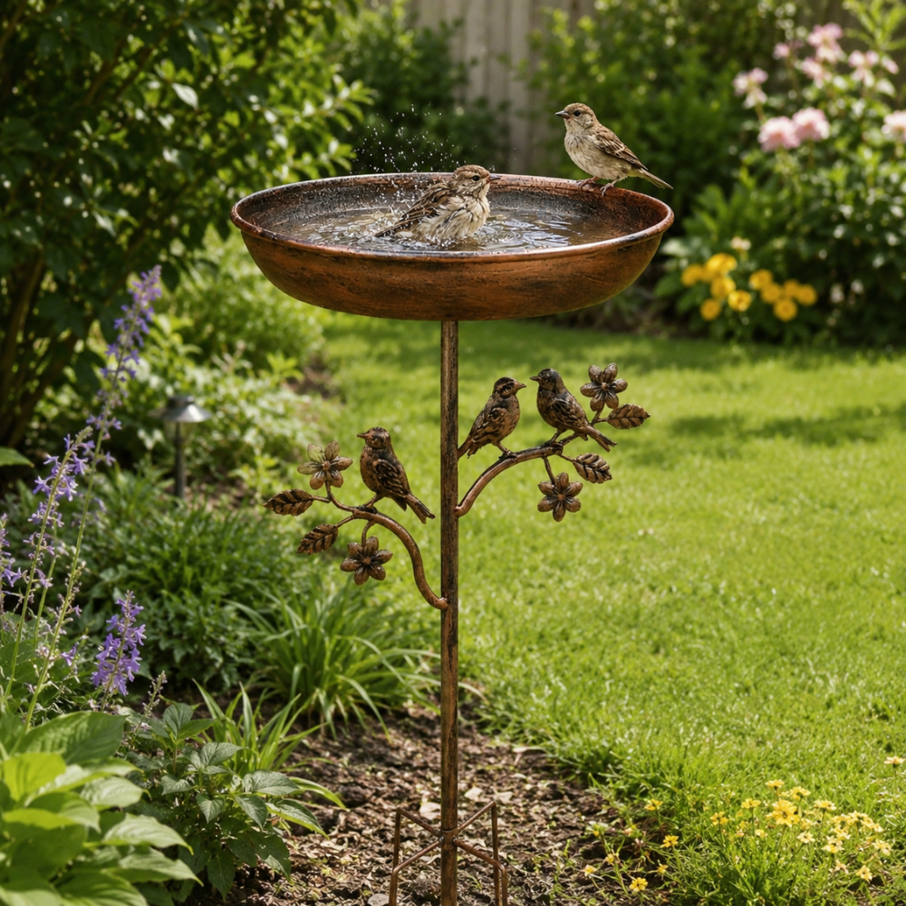Vogeltränke Garten | Freistehendes Vogelbad aus Eisen mit Erdspieß und Vogeldekor