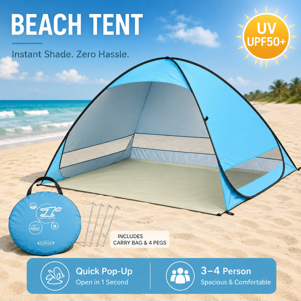 Pop Up Strandmuschel Blau 200 x 165 x 130 cm UPF50+ Strandzelt aus Polyester für Strand Camping
