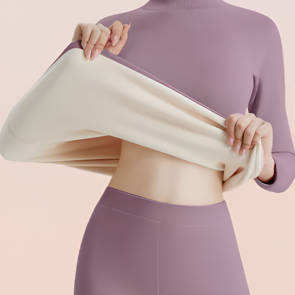 Thermounterwäsche Damen Set – gefüttertes Thermo Oberteil mit Stehkragen und Hose, 2-teilig