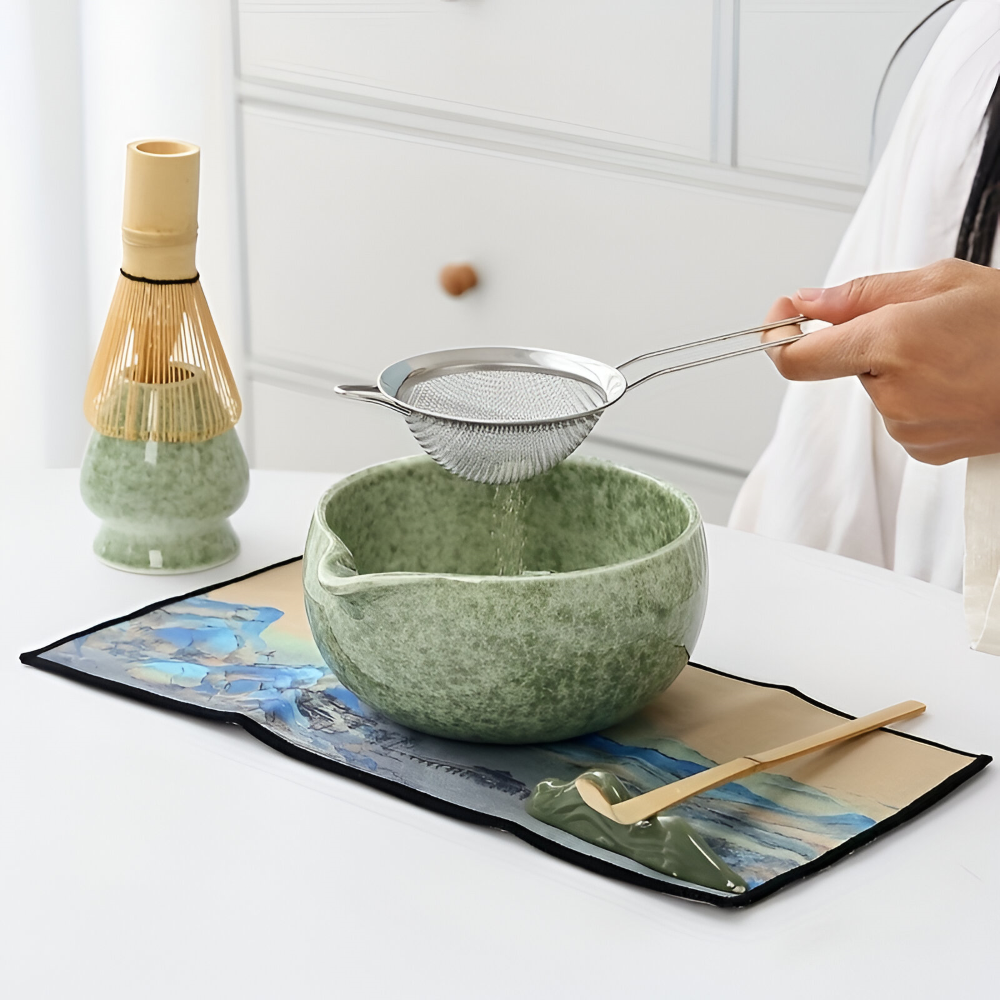 Matcha Set 7-teilig mit Schale (450ml) & Ausguss – Japanisches Teezeremonie Set aus Keramik & Bambus – Geschenkset
