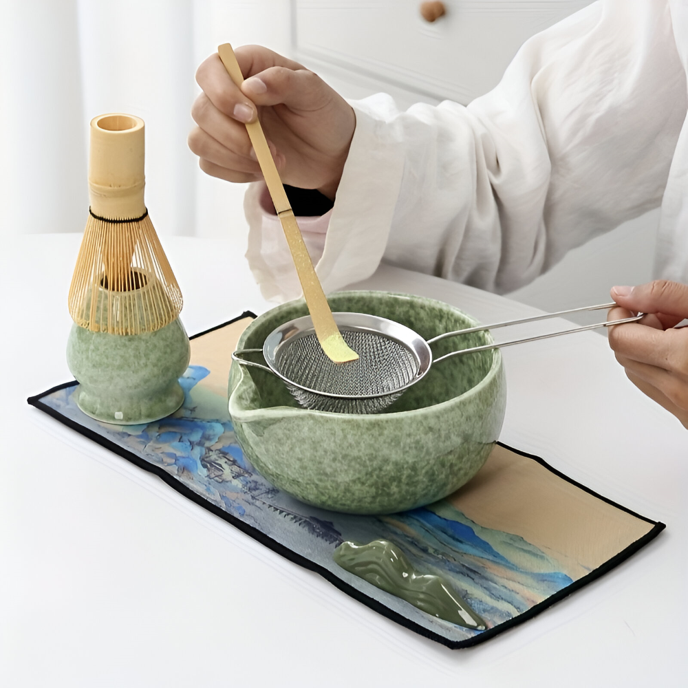 Matcha Set 7-teilig mit Schale (450ml) & Ausguss – Japanisches Teezeremonie Set aus Keramik & Bambus – Geschenkset