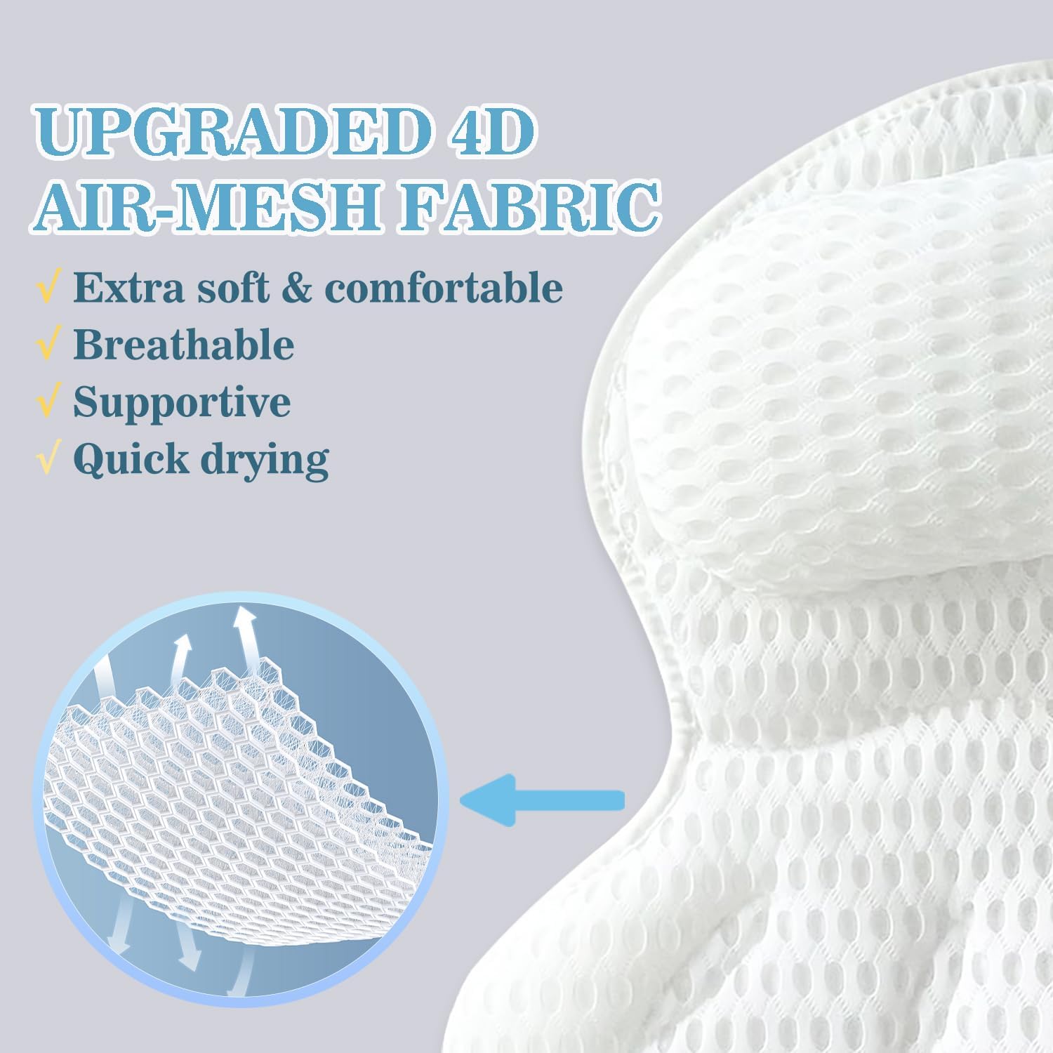 Badewannenkissen mit Nacken- und Rückenstütze – Ergonomisches Badekissen aus 4D-Air-Mesh mit 6 Saugnäpfen