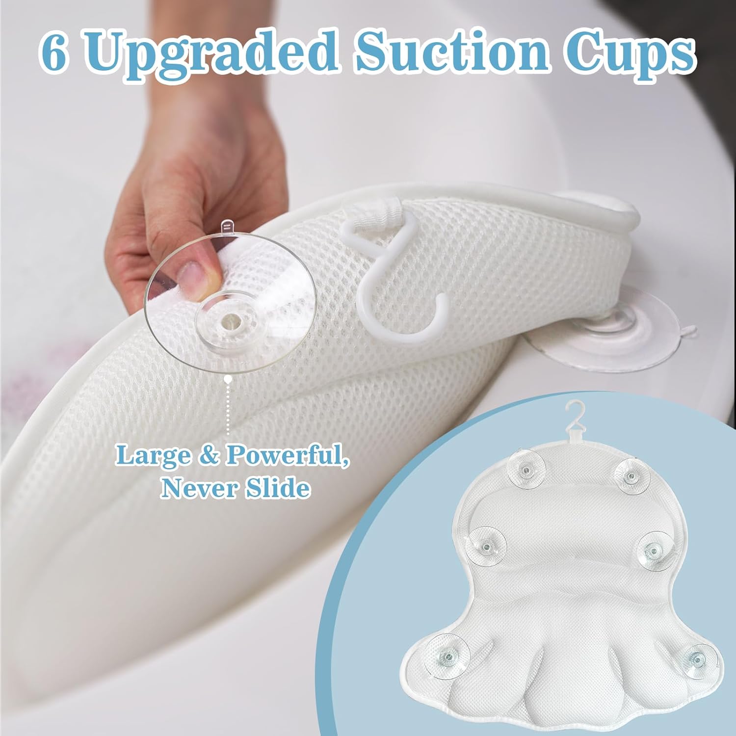 Badewannenkissen mit Nacken- und Rückenstütze – Ergonomisches Badekissen aus 4D-Air-Mesh mit 6 Saugnäpfen