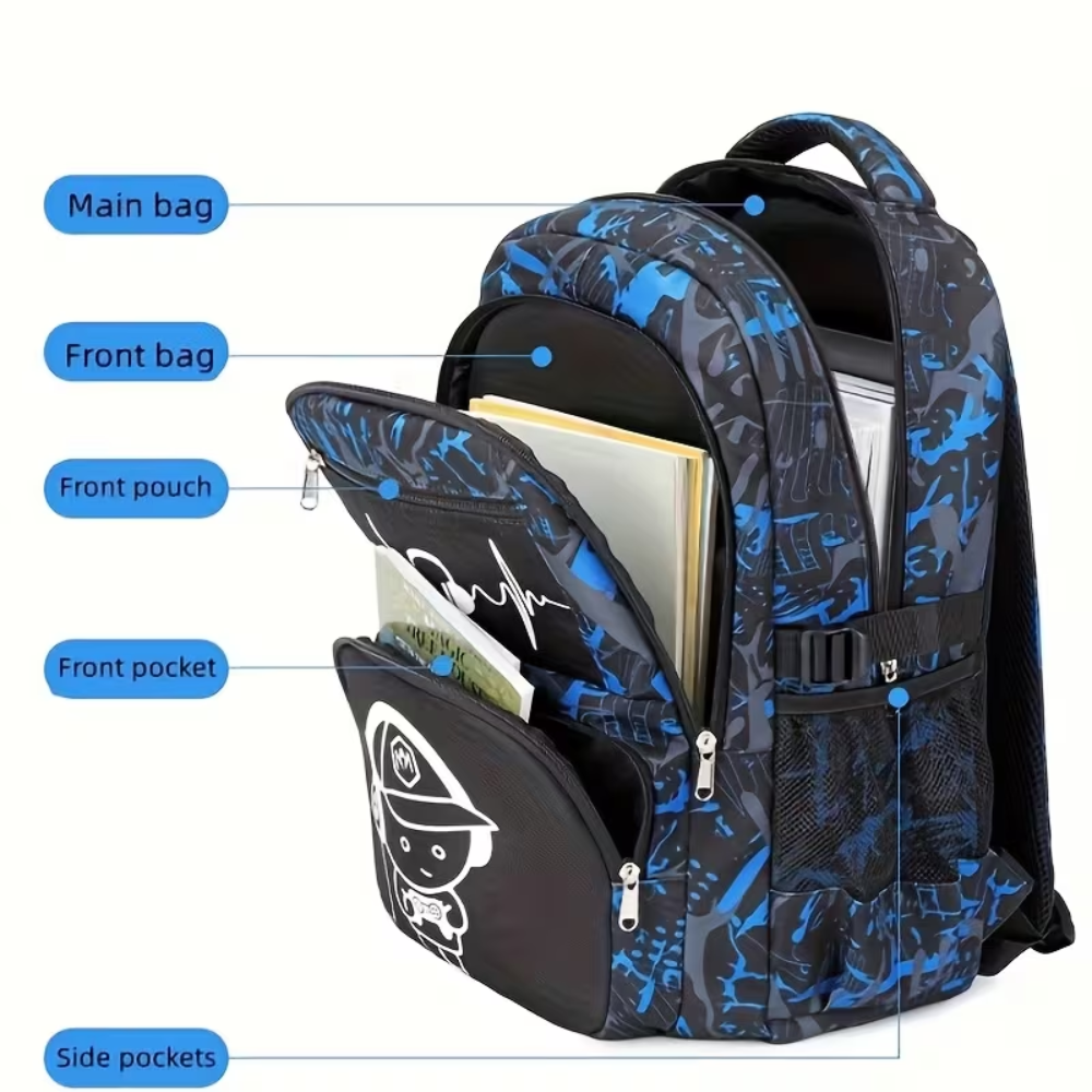 Kinder-Schulrucksack-Set mit Gamer-Motiv 32 × 21 × 45 cm – 3-teiliges Rucksack-Set aus Polyester mit Lunchbag & Federmäppchen