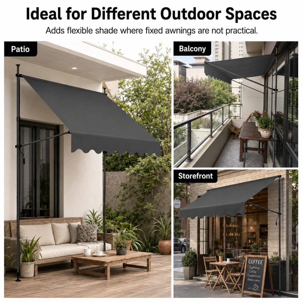 Klemmmarkise ohne Bohren | Manuell ausziehbare Balkonmarkise mit Kurbel, höhenverstellbaren Standrohren & Sonnenschutz für Terrasse, Garten und Balkon