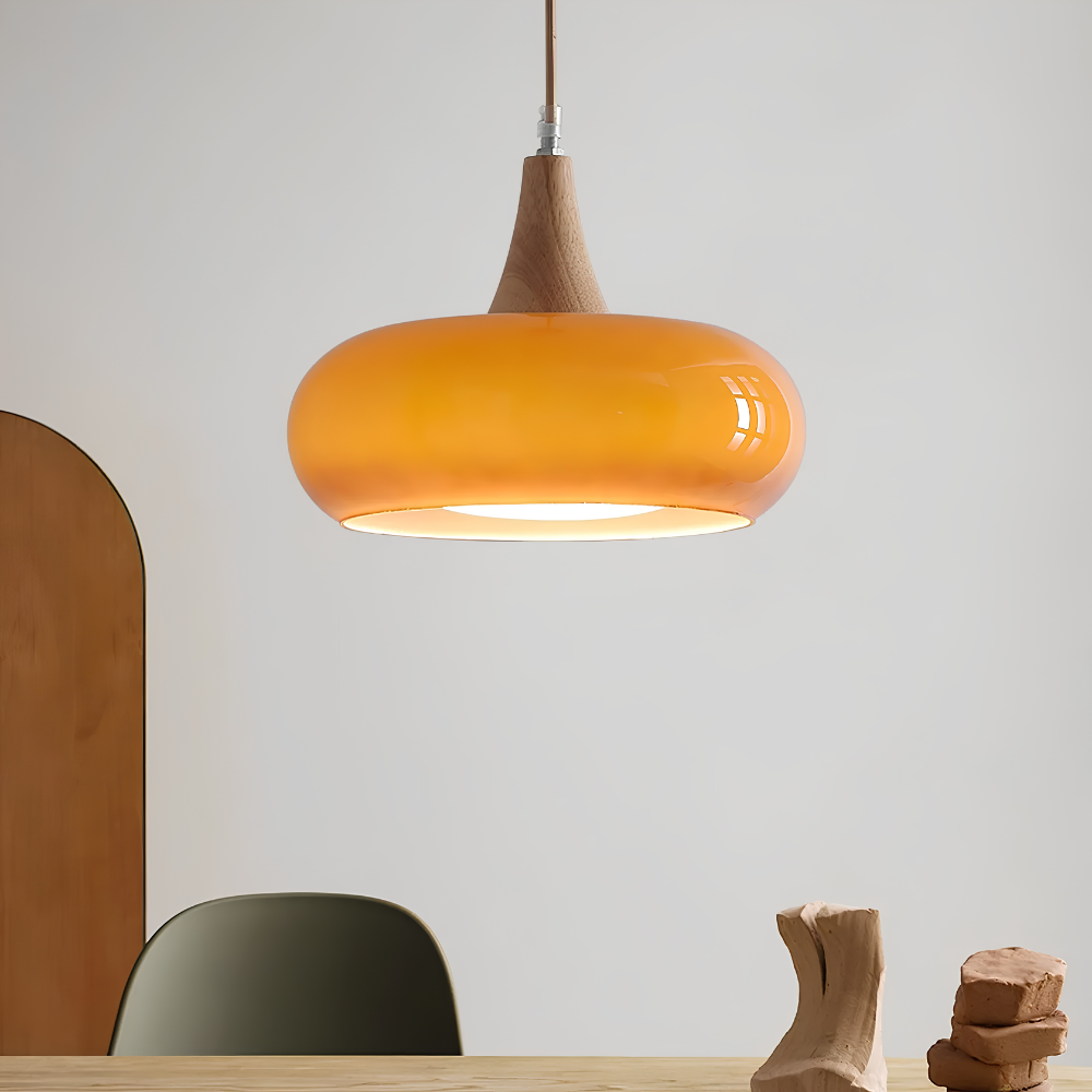 Skandinavische Holz & Glas Hängeleuchte - Moderne Pendellampe mit Holzakzent