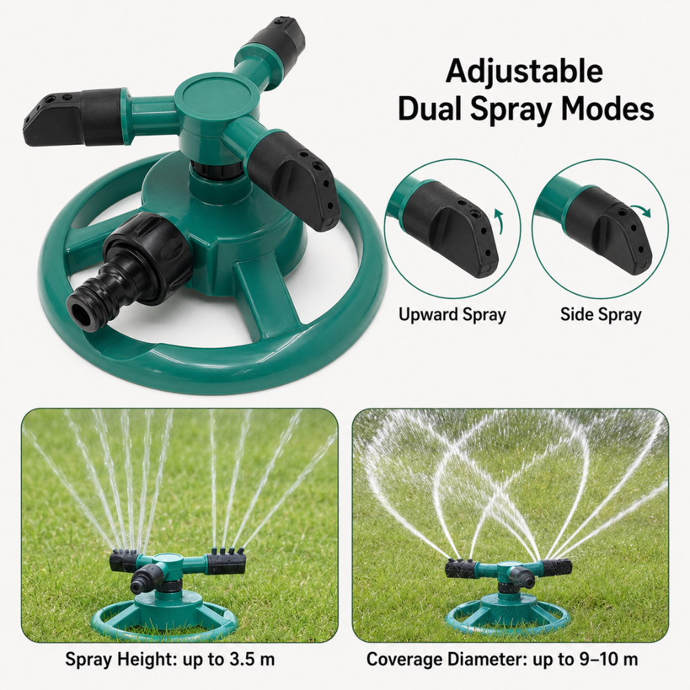 360° Rasensprenger mit 3 verstellbaren Sprüharmen – Automatischer Gartensprinkler für Rasen, Beete & Bewässerung
