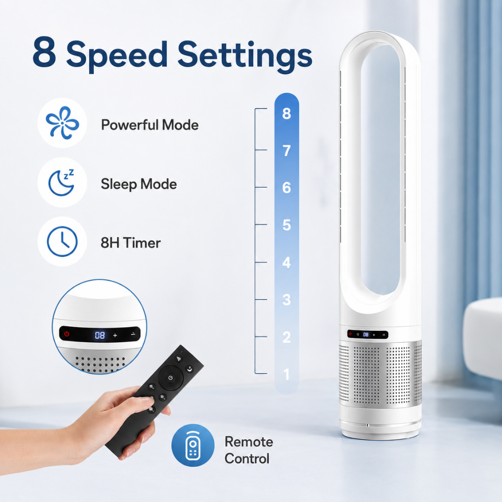 Leiser Turmventilator mit Fernbedienung & Timer – Flügelloser Standventilator mit WLAN-App und 8 Geschwindigkeiten