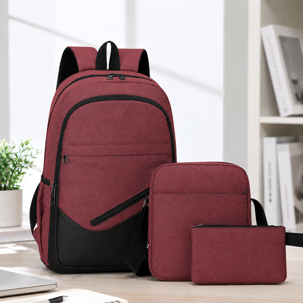3-teiliges Schulrucksack-Set mit USB-Anschluss – Wasserabweisender Rucksack mit Umhängetasche & Etui für Schule, Uni & Reisen