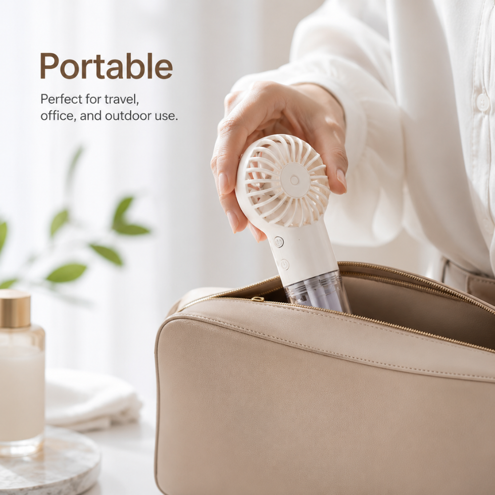 Kompakter Sprüh-Handventilator – USB-aufladbarer Mini-Ventilator mit Wassertank und 4 Geschwindigkeitsstufen für Reisen und Outdoor