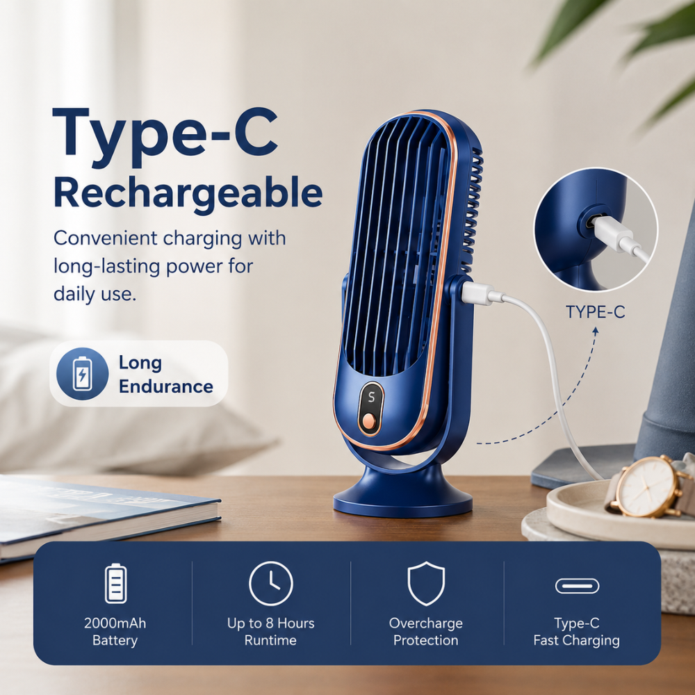 Leiser USB Tischventilator mit Akku 5 Geschwindigkeiten LED Anzeige 720 Grad Verstellbar