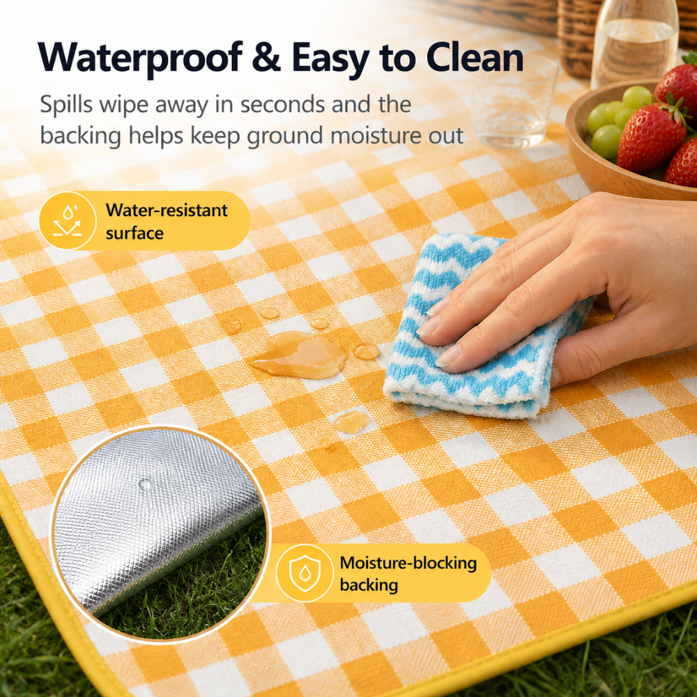 Gelb-weiße wasserdichte Picknickdecke, faltbare Outdoor Campingmatte mit isolierender Unterseite