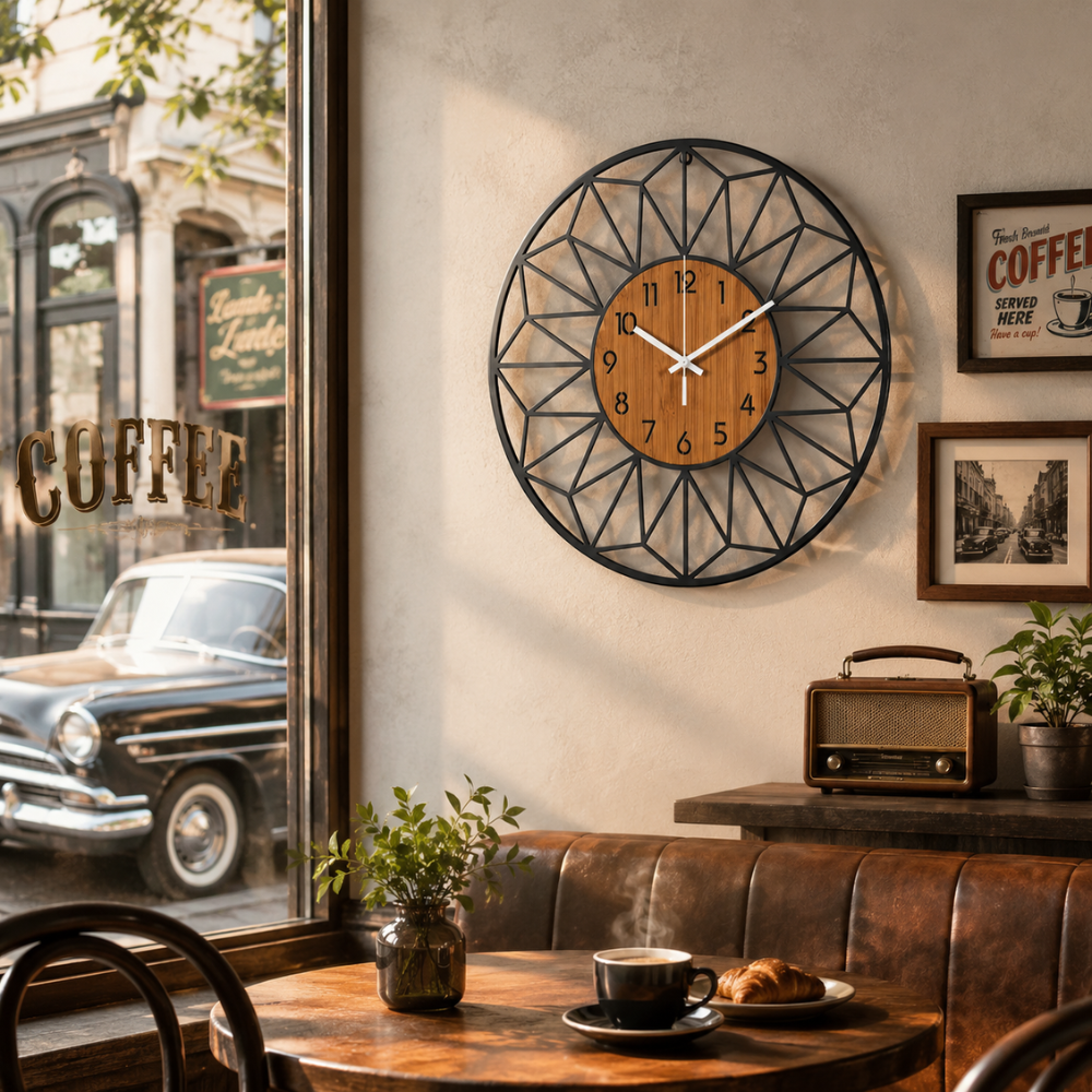 Retro Wanduhr mit Holzoptik – Große Metall Uhr im geometrischen Design mit leisem Uhrwerk für Wohnzimmer