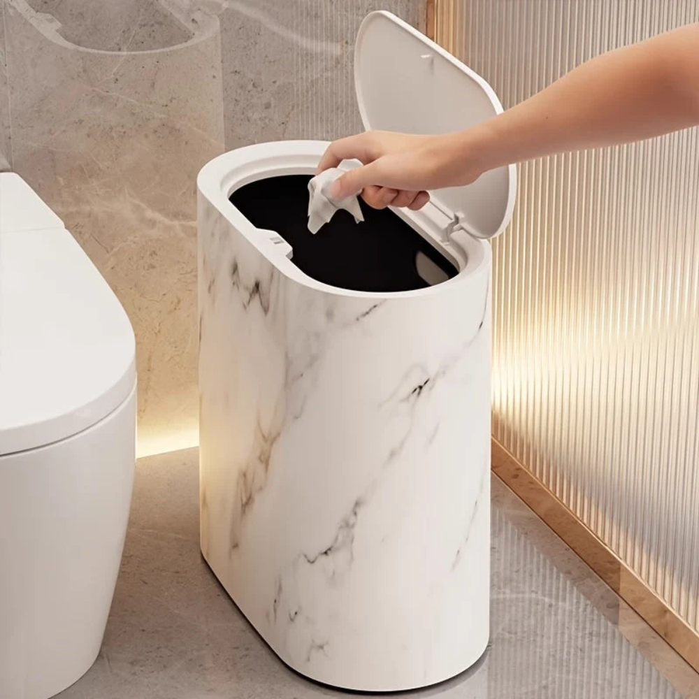 Ovale Kosmetik Eimer mit Deckel Marmor-Design - Platzsparender Mülleimer für Bad & Büro 29x29x14,5cm