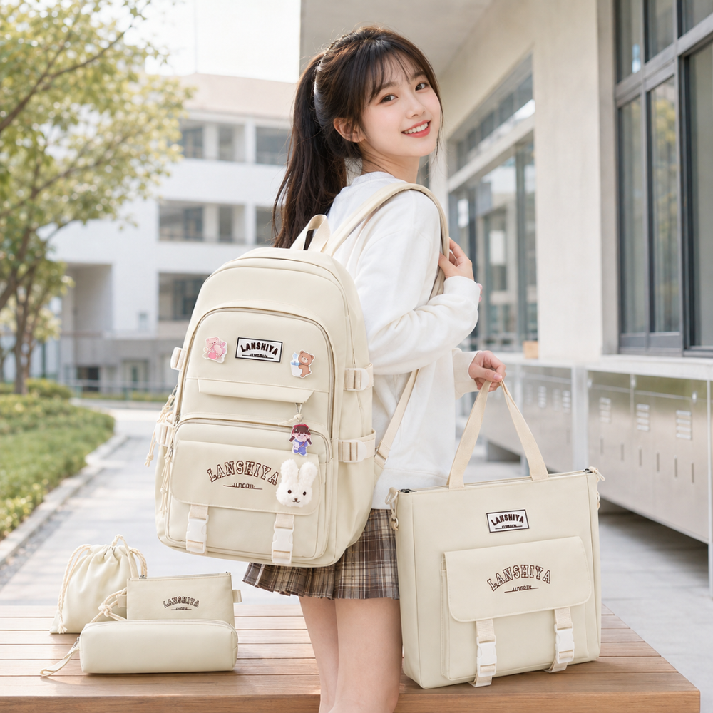 Teenager-Schulrucksack-Set 5-teilig 40 × 30 × 13 cm – Großer Studentenrucksack mit Tragetasche, Mäppchen & Beuteln für Schule, Freizeit & Alltag