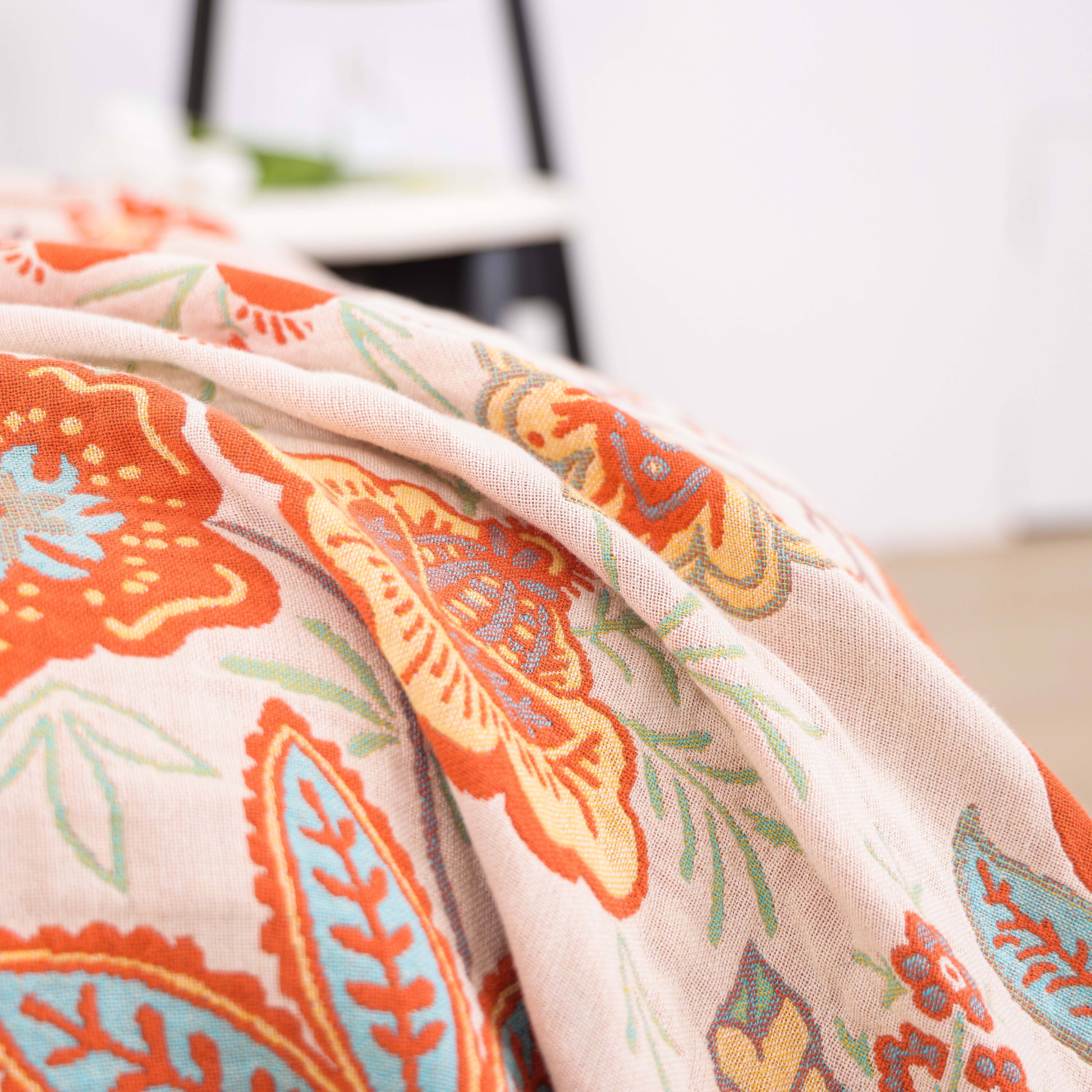 Boho Jacquard Baumwolldecke mit Fransen – Sofadecke, Tagesdecke & Bettüberwurf mit floralem Muster