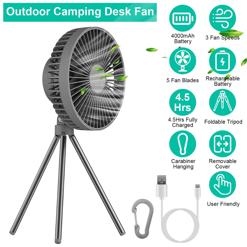 Camping Ventilator mit LED Licht USB Akku Powerbank Hängend oder mit Stativ für Zelt Outdoor