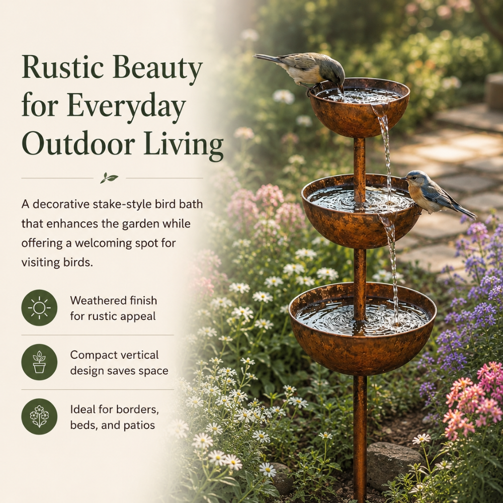 Vogeltränke Garten | 3-stufiges Vogelbad aus Eisen mit dekorativen Wasserschalen für Terrasse, Balkon und Außenbereich