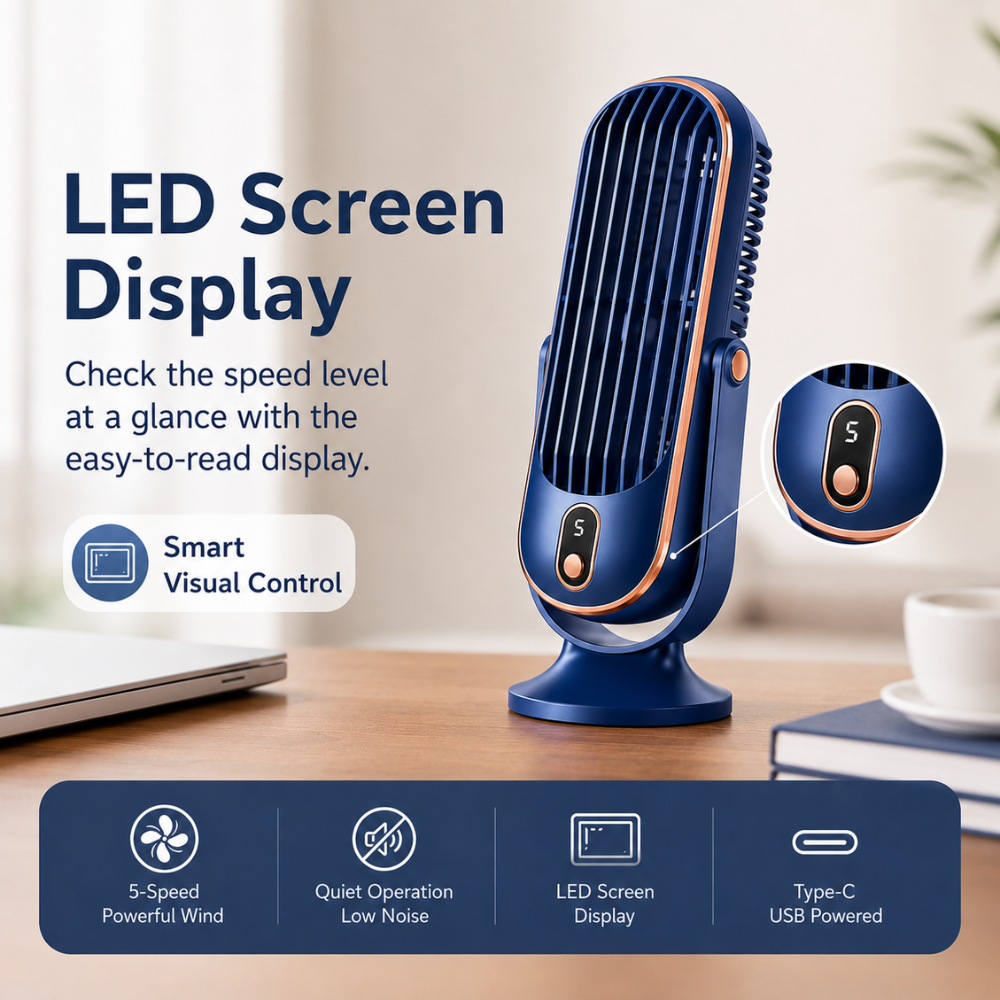 Leiser USB Tischventilator mit Akku 5 Geschwindigkeiten LED Anzeige 720 Grad Verstellbar