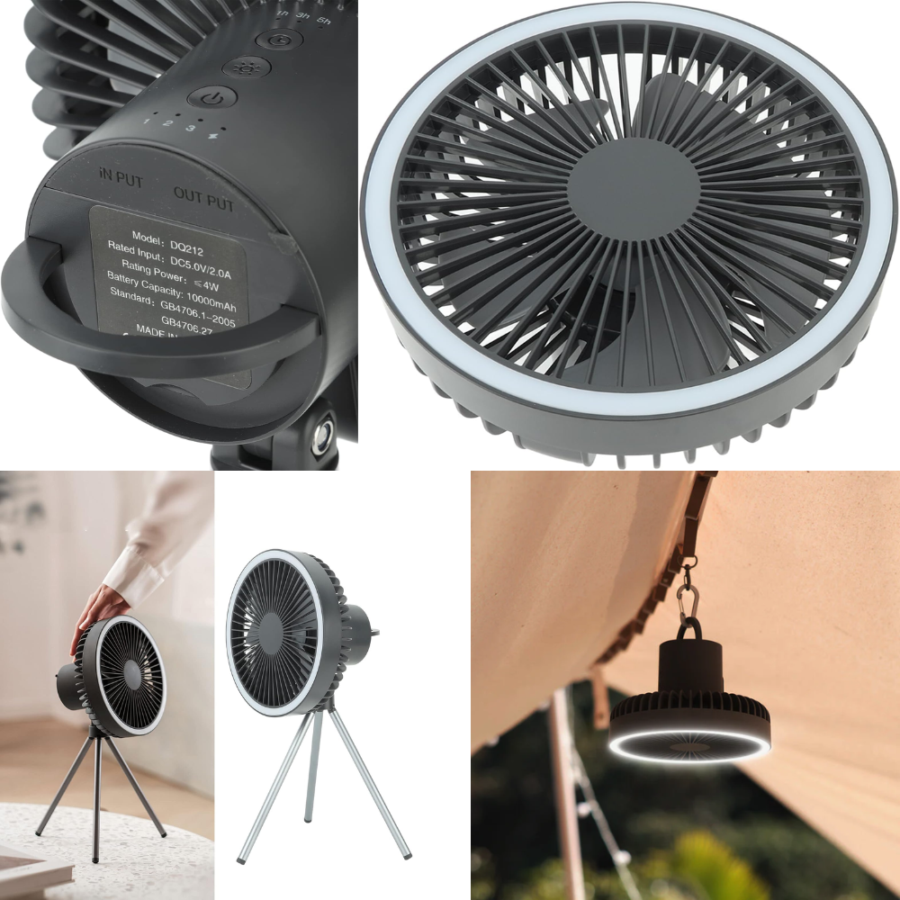 Camping Ventilator mit LED Licht USB Akku Powerbank Hängend oder mit Stativ für Zelt Outdoor