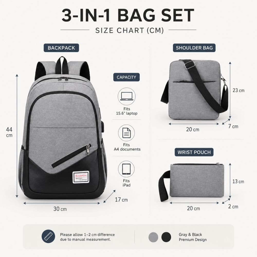 3-teiliges Schulrucksack-Set mit USB-Anschluss – Wasserabweisender Rucksack mit Umhängetasche & Etui für Schule, Uni & Reisen
