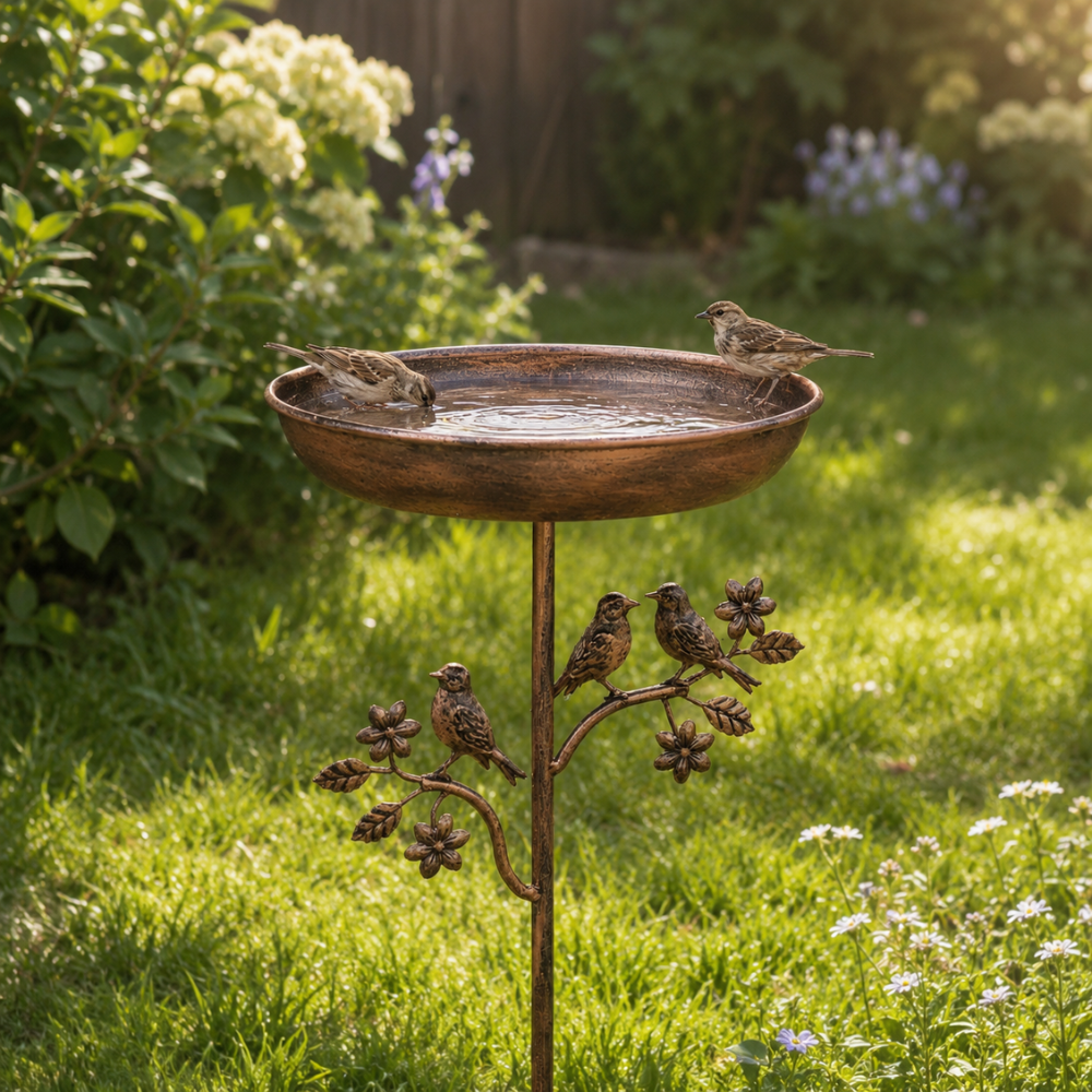 Vogeltränke Garten | Freistehendes Vogelbad aus Eisen mit Erdspieß und Vogeldekor