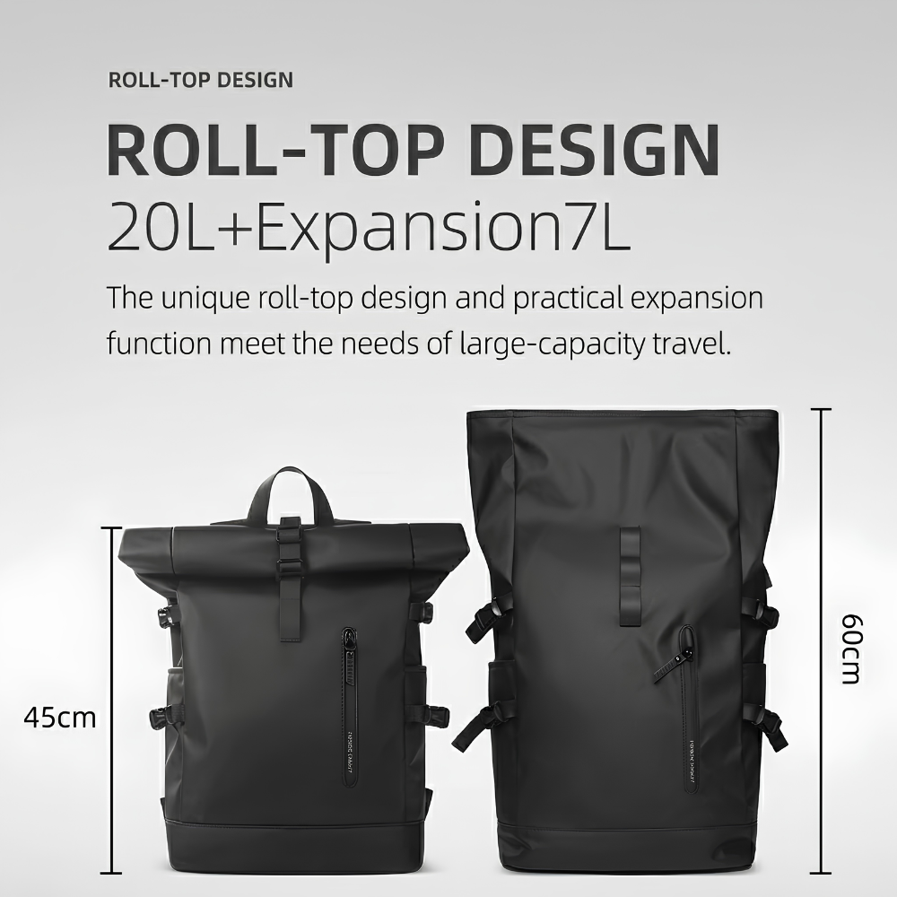 Wasserdichter Roll-Top Reiserucksack für Herren - Großer 15,6” Laptop Rucksack mit USB-Anschluß